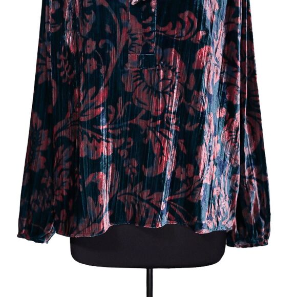 Anthropologie Women's Blouse Teal Peach Floral Velvet Oversized Tie Front Top L - Picture 6 of 10